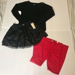 NWT bundle of JUSTICE red leggings, black shirt, & black CHEROKEE skirt